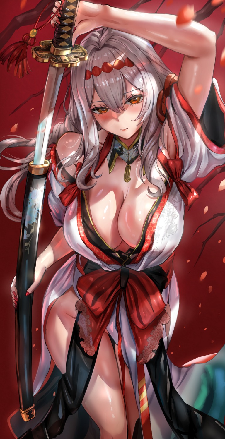 goddess_of_victory:_nikke himoata japanese_clothes no_bra nopan open_shirt scarlet_(nikke) sword