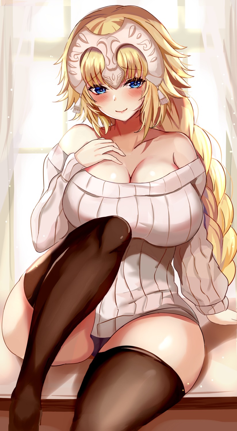 cameltoe fate/grand_order jeanne_d'arc jeanne_d'arc_(fate) kuro_(tbm9187) no_bra pantsu sweater thighhighs