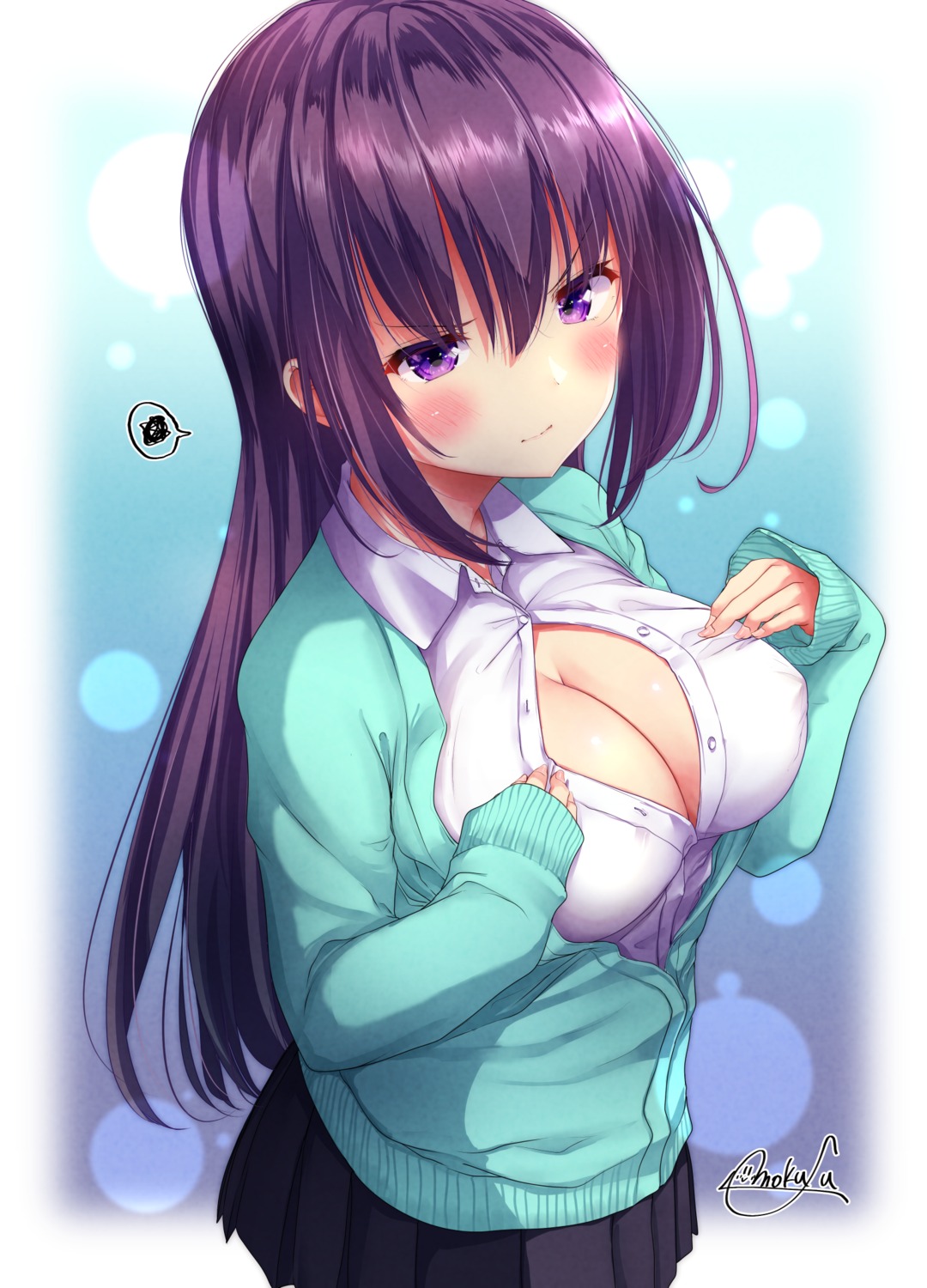 erect_nipples mokufuu no_bra open_shirt seifuku sweater undressing