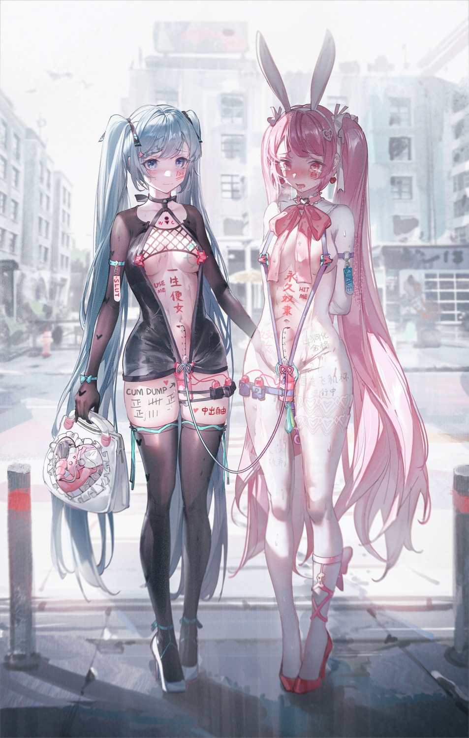 anal_beads animal_ears bodysuit bunny_ears garter hatsune_miku heels nipples no_bra nopan open_shirt sakura_miku see_through tattoo thighhighs vibrator vocaloid ying_yi