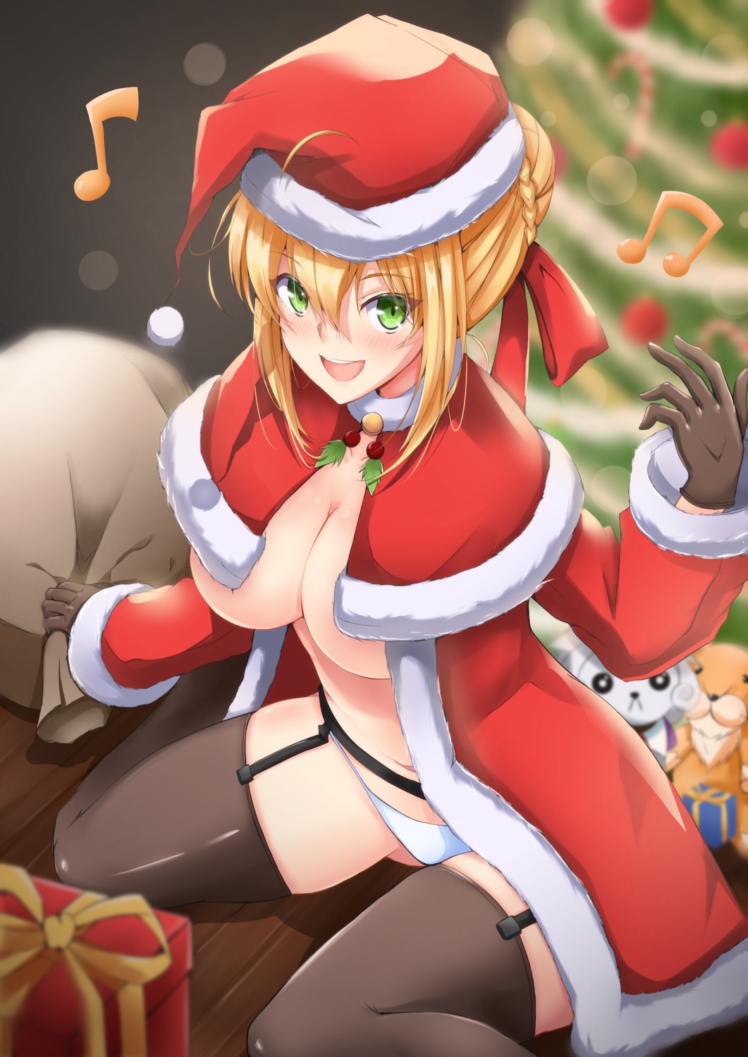 christmas fate/grand_order isane no_bra open_shirt pantsu saber_extra stockings thighhighs