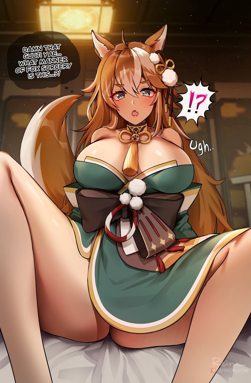 animal_ears foxy_rain genshin_impact hina_(genshin_impact) japanese_clothes no_bra skirt_lift tail