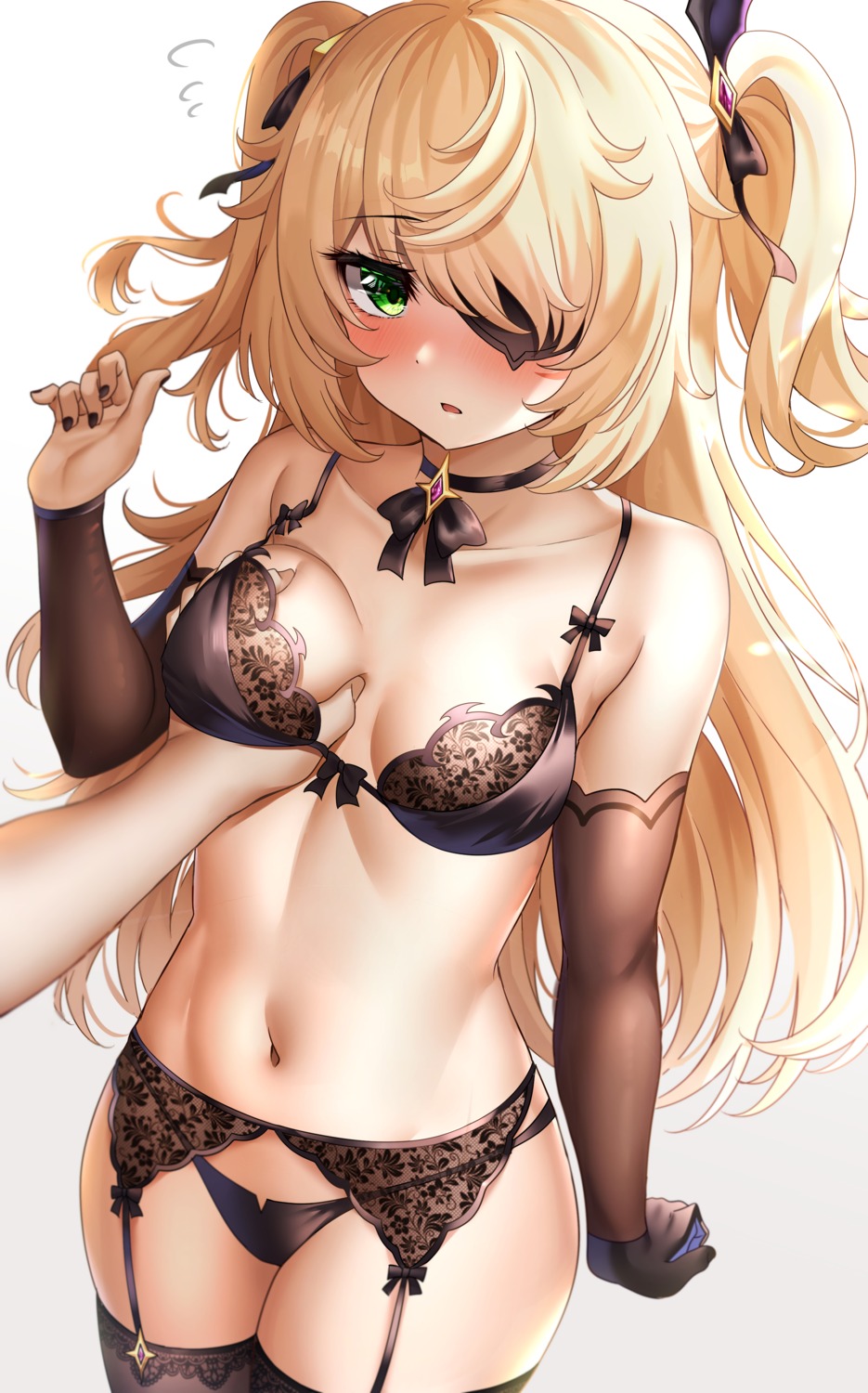 bra breast_grab eyepatch fischl garter_belt genshin_impact lingerie pantsu see_through stockings sunhyun thighhighs