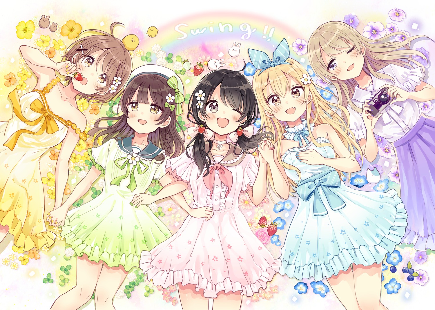 dress higuchi_kaede_(swing!) miyasato_haruka okamoto_natsuhi sakura_oriko summer_dress swing!! yokomine_ibuki