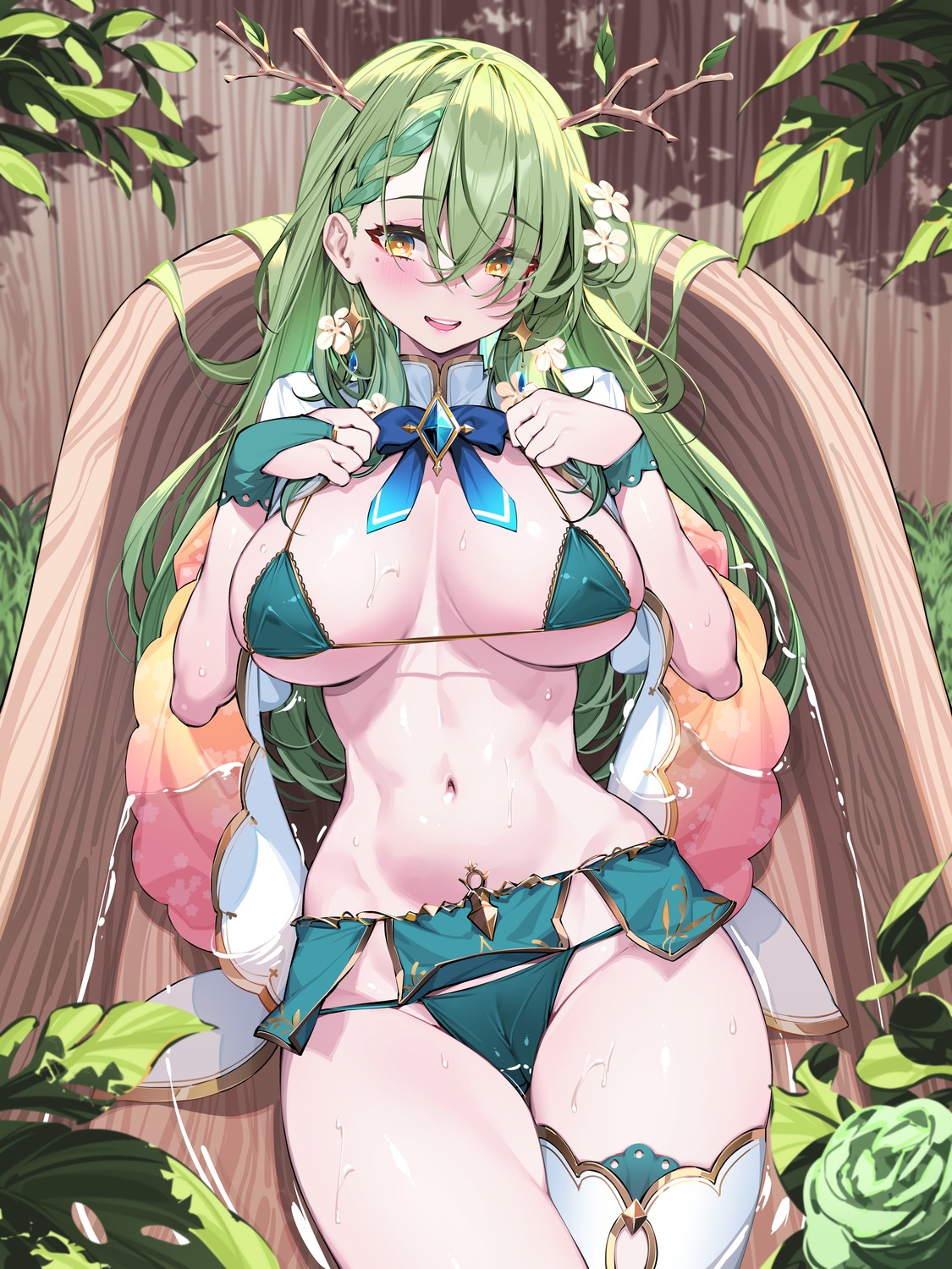 bathing bikini ceres_fauna hololive hololive_english horns swimsuits thighhighs waterring wet