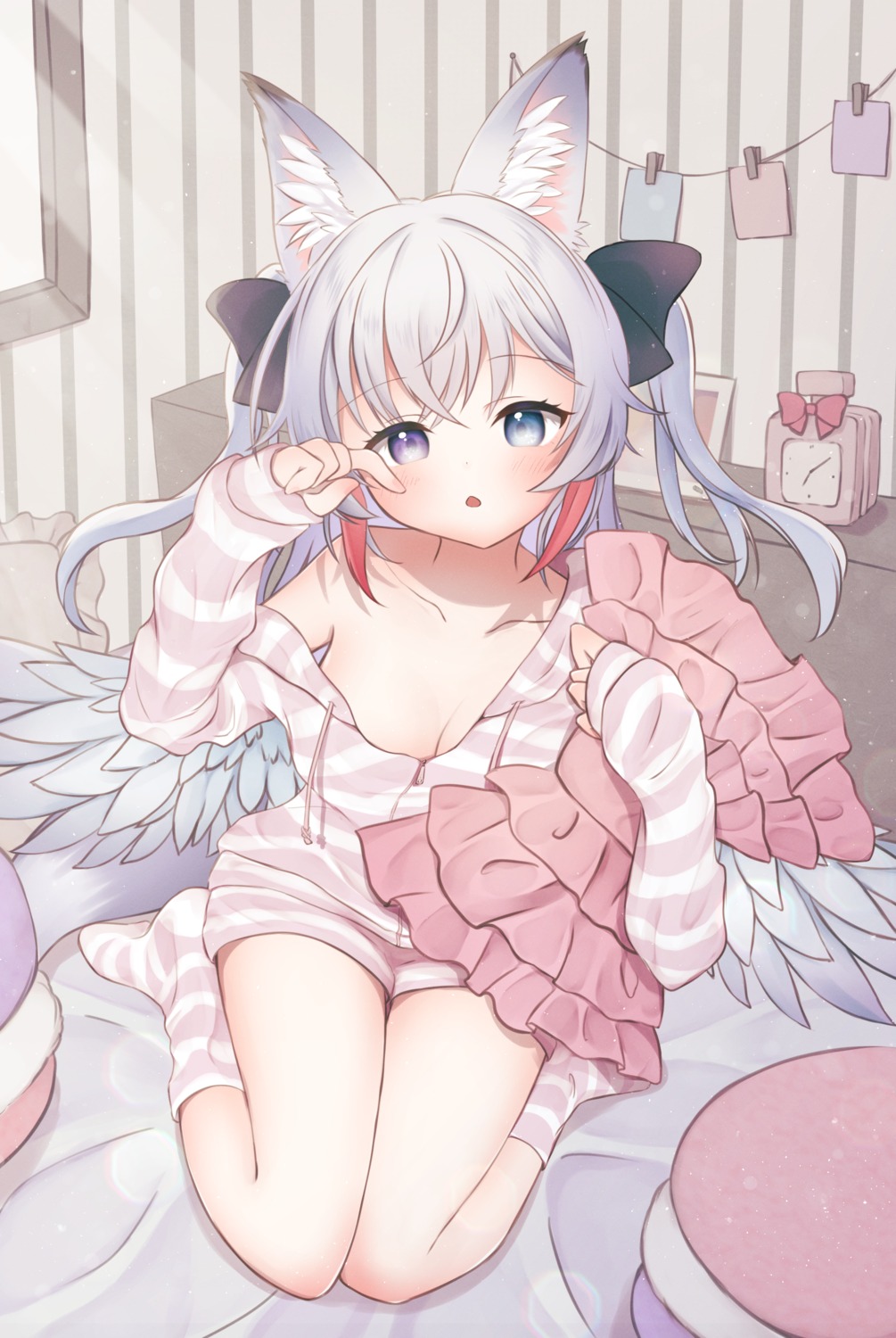 animal_ears heterochromia inami no_bra open_shirt pajama tail wings