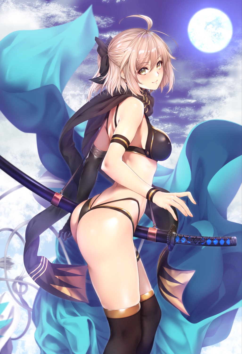 ass bikini fate/grand_order garter japanese_clothes okita_souji_(fate) swimsuits sword thighhighs thong zucchini