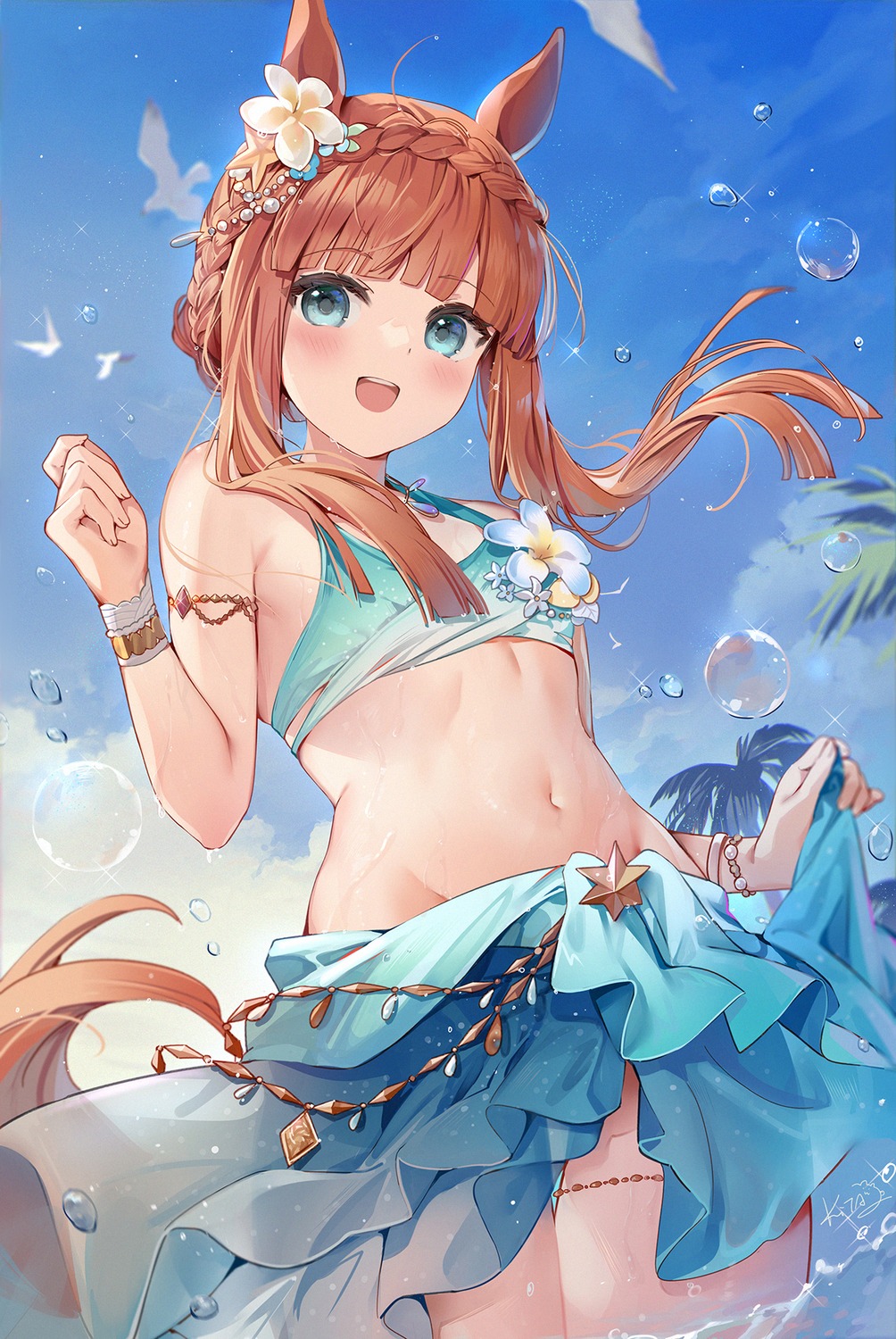 animal_ears bikini garter kita_(kitairoha) silence_suzuka_(umamusume) skirt_lift swimsuits uma_musume_pretty_derby wet