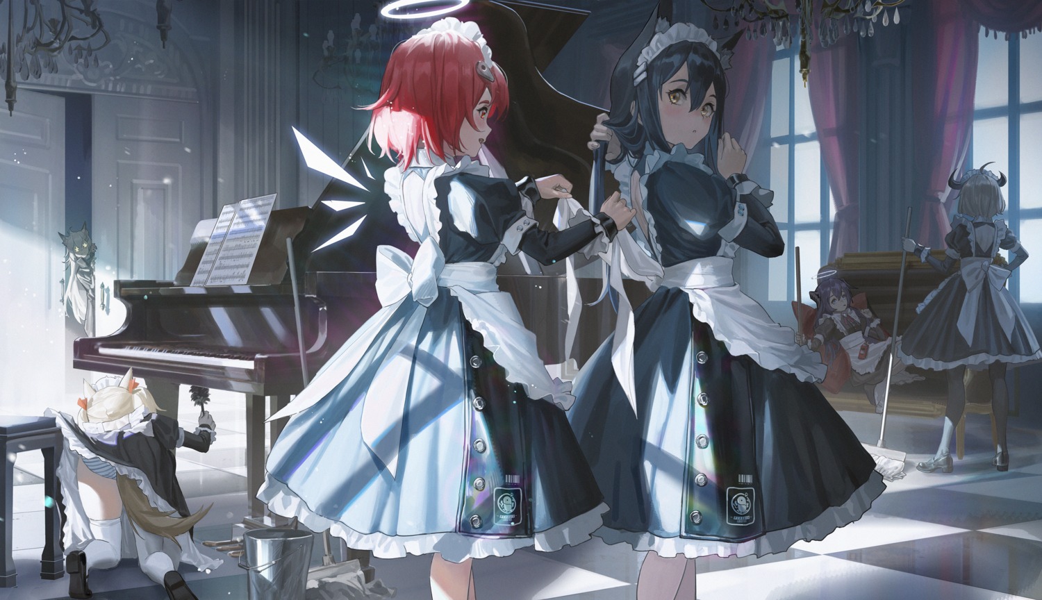 angel animal_ears arknights croissant_(arknights) exusiai_(arknights) horns lappland_(arknights) maid mostima_(arknights) skirt_lift sora_(arknights) tail texas_(arknights) thighhighs ttk_(kirinottk) wardrobe_malfunction wings