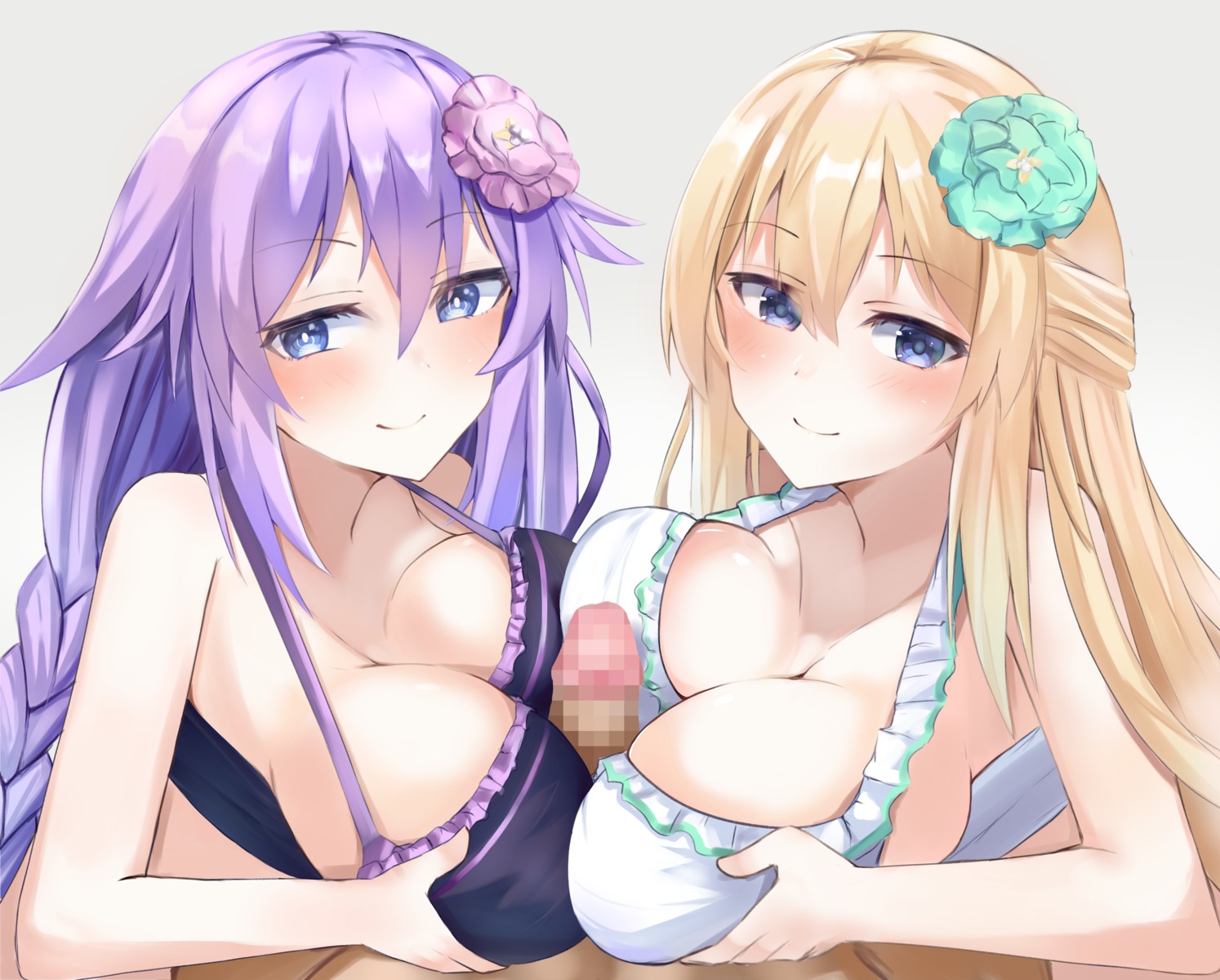 bikini_top bimmy breast_hold censored choujigen_game_neptune paizuri penis purple_heart swimsuits symmetrical_docking vert