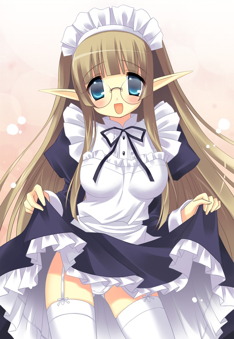 elf emily maid megane pantsu pointy_ears skirt_lift stockings thighhighs