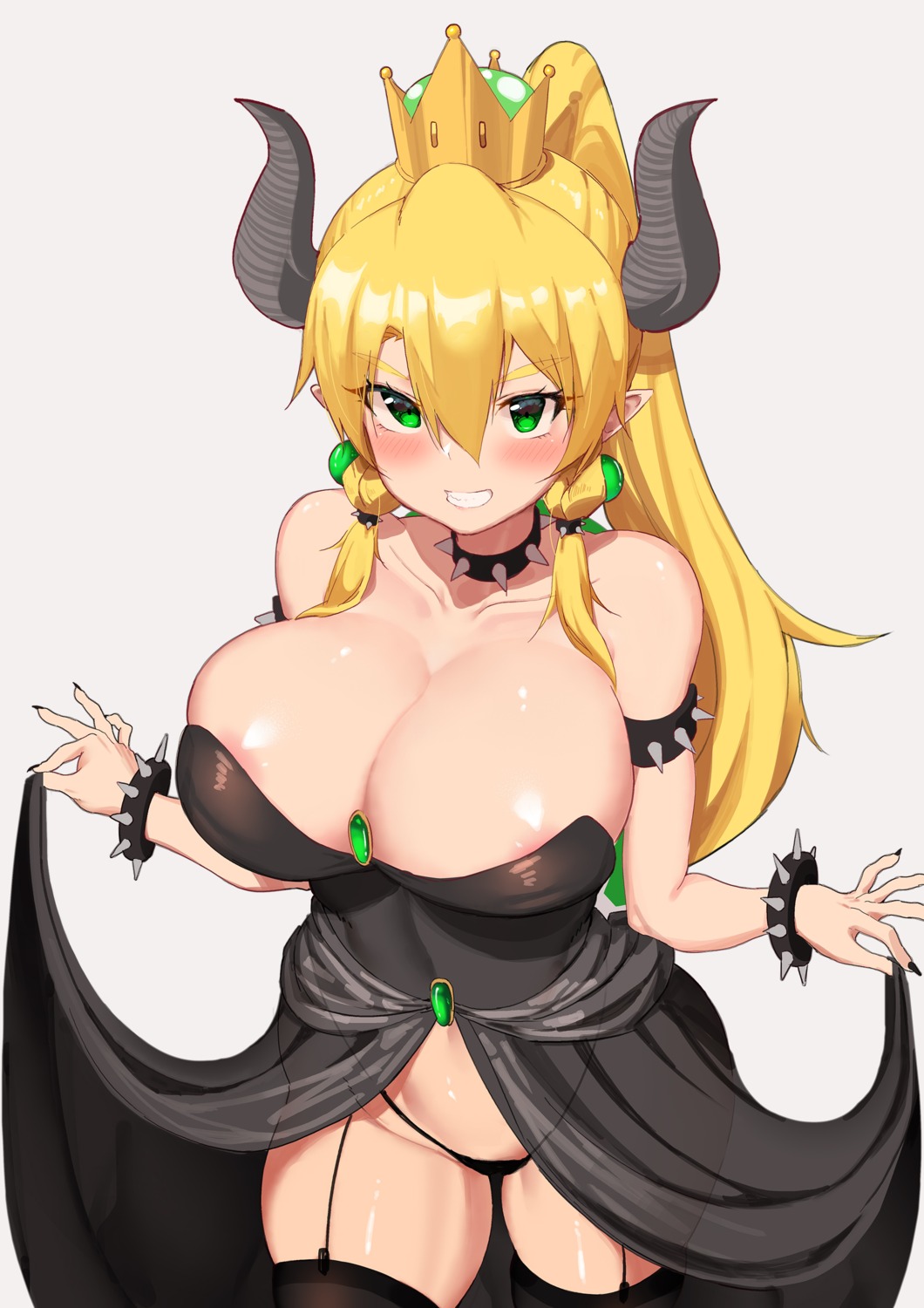 areola bowsette chou_shippai-saku cosplay horns leafa mario_bros. new_super_mario_bros._u_deluxe no_bra pantsu pointy_ears see_through skirt_lift stockings thighhighs