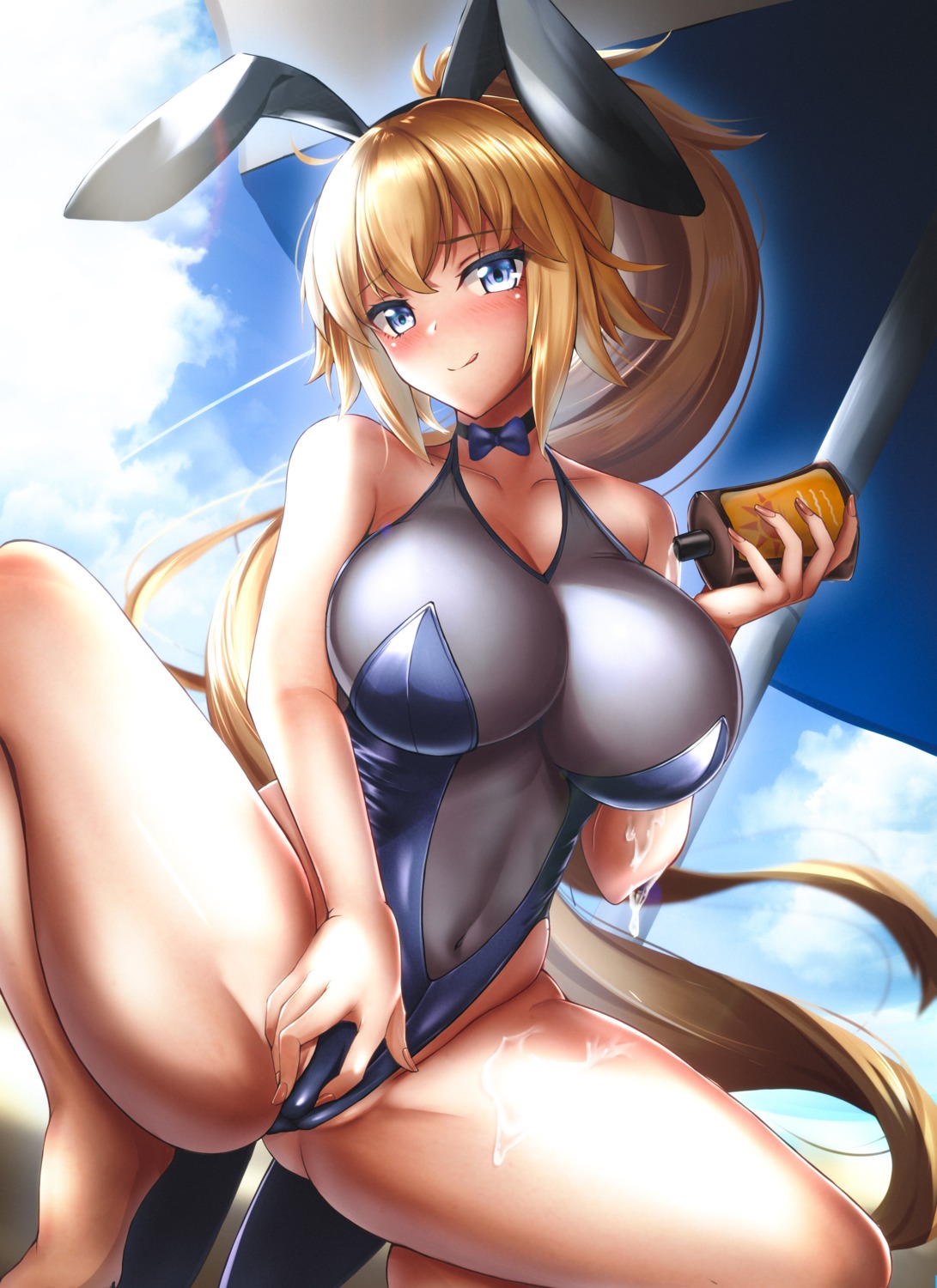 animal_ears bunny_ears cameltoe cleavage cream fate/grand_order jeanne_d'arc jeanne_d'arc_(fate) masturbation rai_(newtype_xm-x1) swimsuits wet