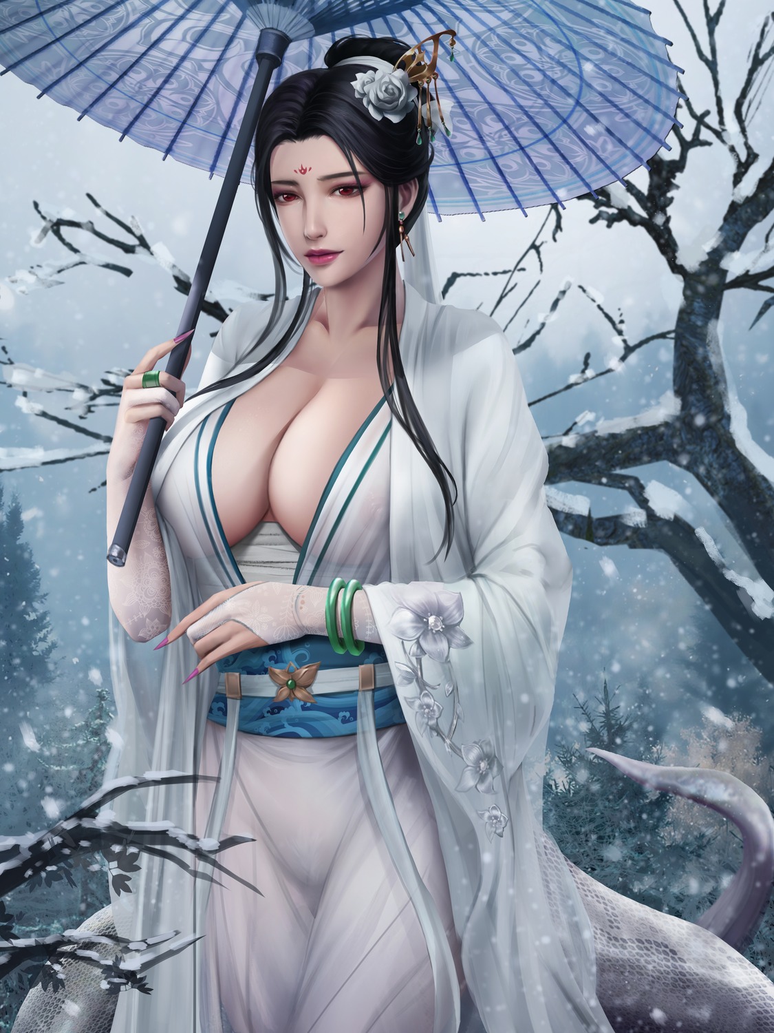 bandages cleavage japanese_clothes ming_xing umbrella