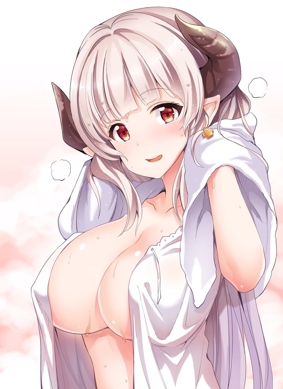 alicia_(granblue_fantasy) cleavage granblue_fantasy horns katoo_hironobu no_bra open_shirt pointy_ears