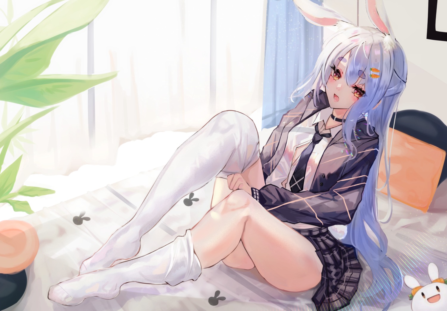 animal_ears bunny_ears hololive open_shirt panipo seifuku skirt_lift thighhighs undressing usada_pekora