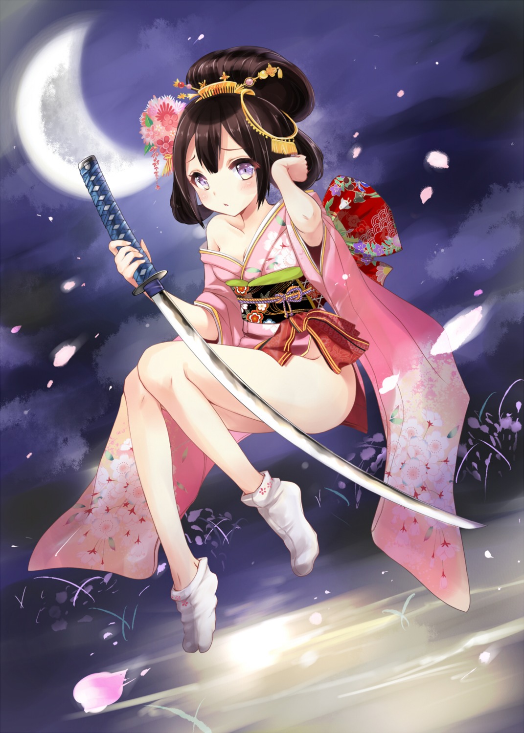 batgo cleavage kimono no_bra nopan open_shirt sword