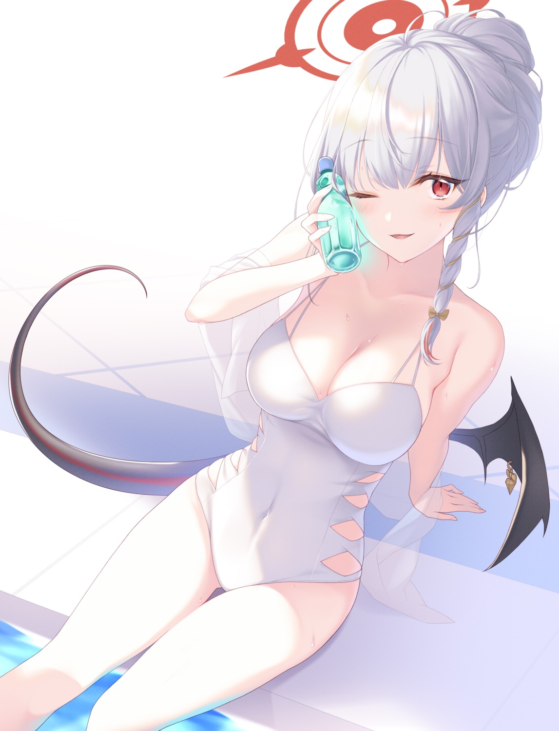 blue_archive devil halo kurodate_haruna midorino_eni see_through swimsuits tail wings