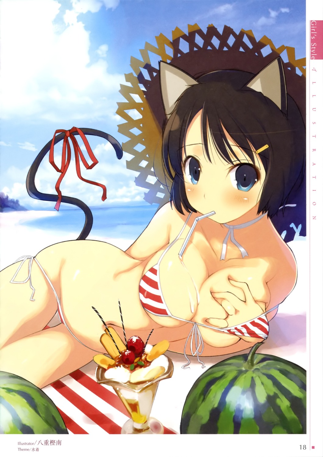 animal_ears bikini breast_grab cleavage cream erect_nipples nekomimi swimsuits tail yaegashi_nan