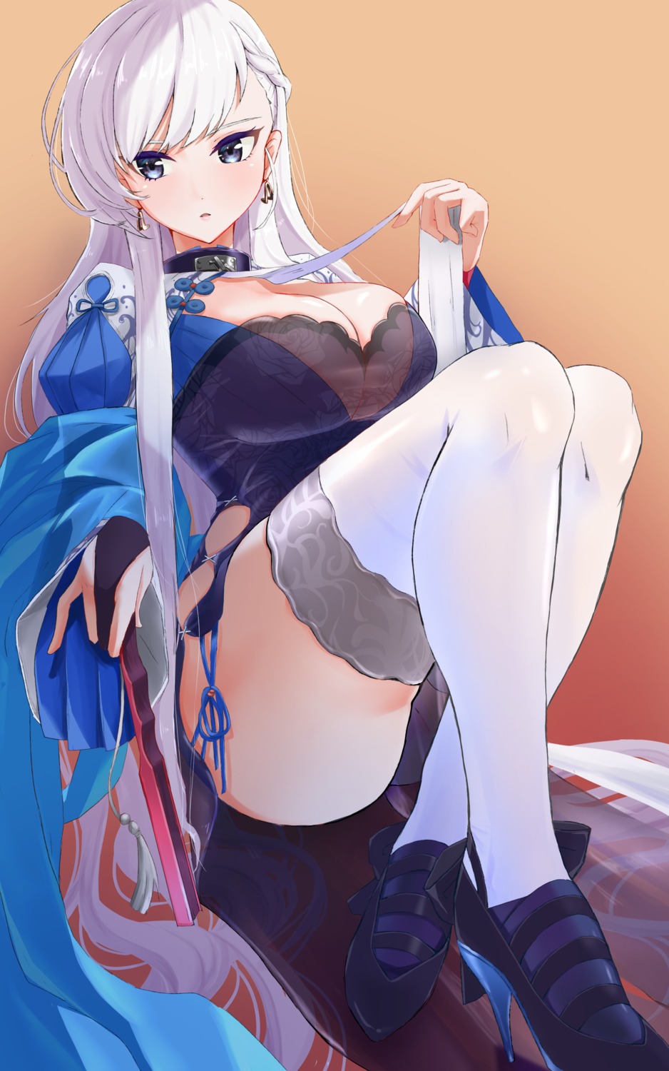 azur_lane belfast_(azur_lane) chinadress cleavage heels marumai no_bra see_through thighhighs