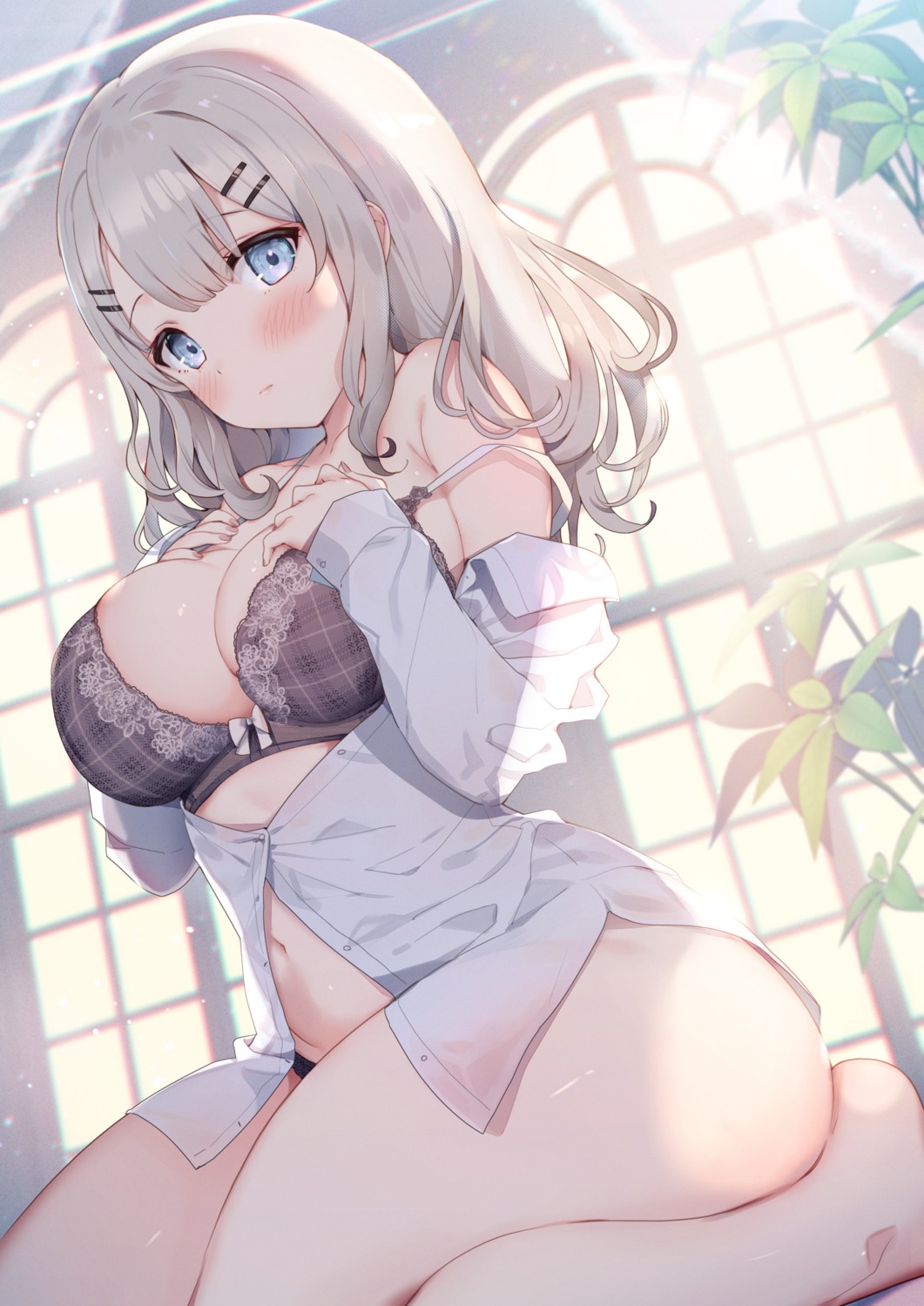 bra breast_hold dress_shirt kat_(bu-kunn) open_shirt pantsu see_through