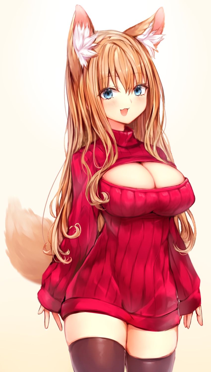 animal_ears cleavage kitsune sukemyon sweater tail thighhighs