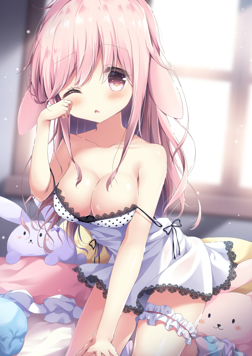 animal_ears breast_hold bunny_ears dress garter no_bra open_shirt satsuki_yukimi see_through skirt_lift