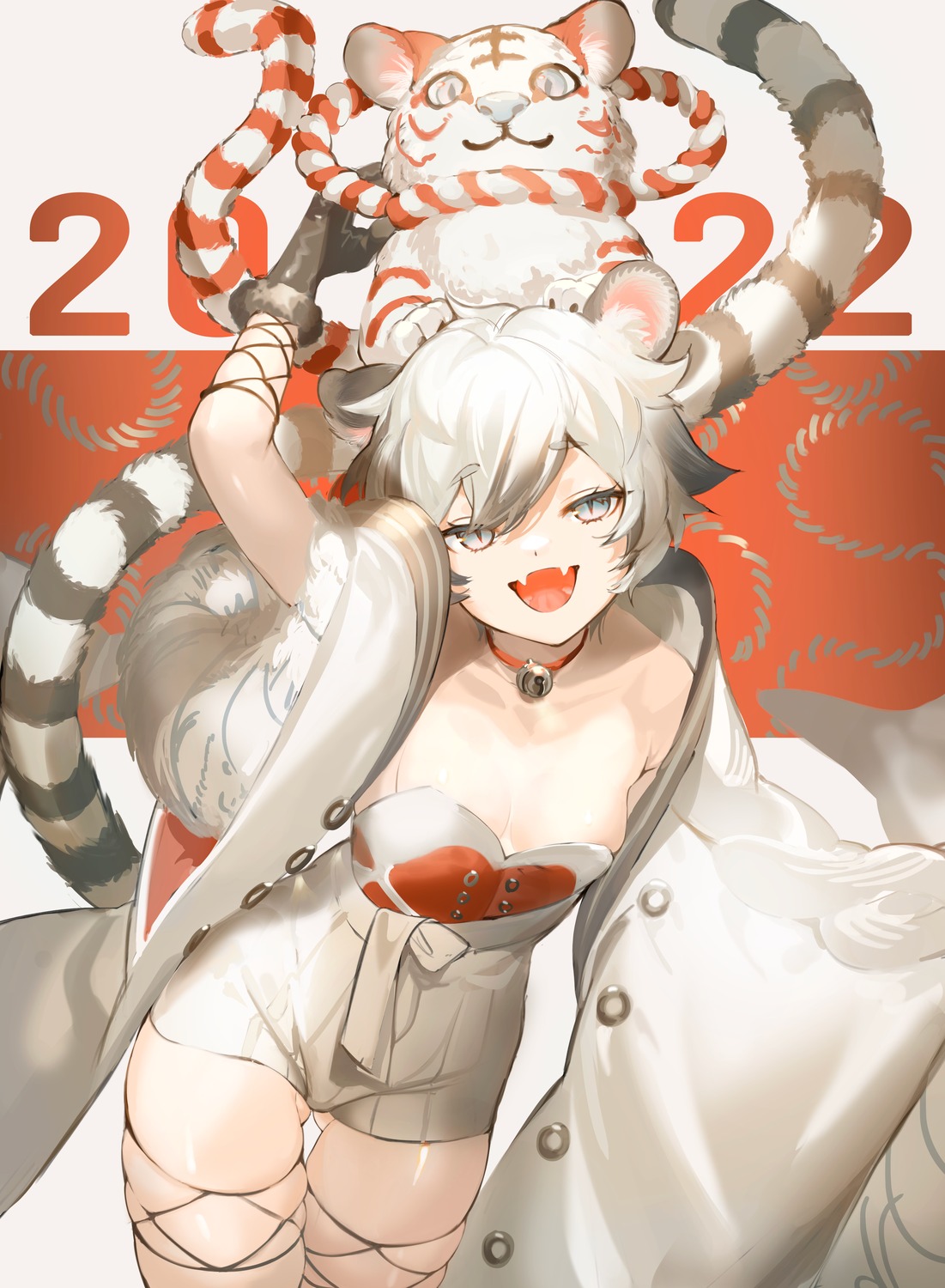 animal_ears garter japanese_clothes no_bra shokuen tail