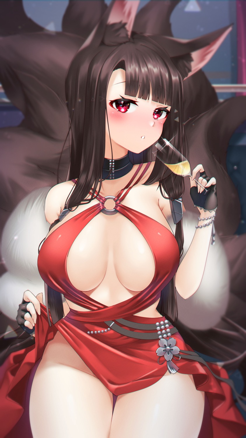 akagi_(azur_lane) animal_ears azur_lane dress kitsune no_bra nopan seele0907 skirt_lift tail