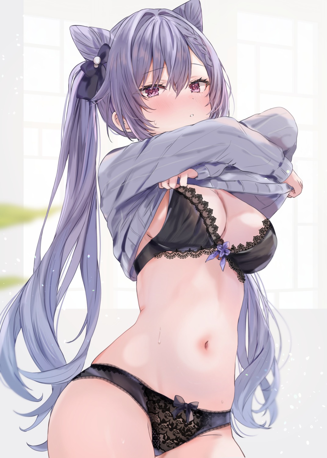 bra genshin_impact keqing maruro pantsu shirt_lift sweater undressing