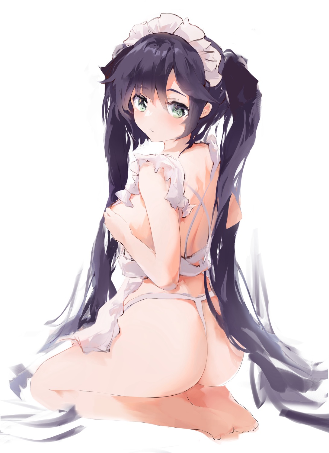 ass breast_hold feet genshin_impact maid maomoking mona_megistus naked_apron pantsu sketch thong