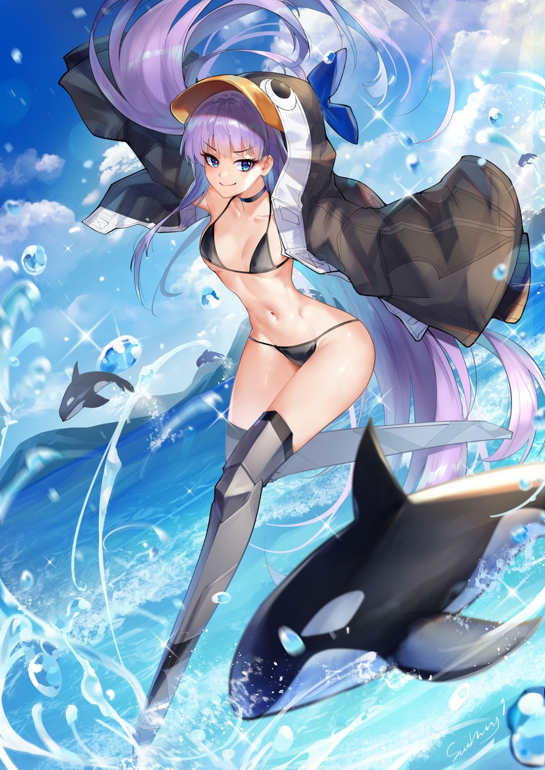 armor bikini fate/grand_order kaer_sasi_dianxia meltryllis open_shirt penguin swimsuits thighhighs wet