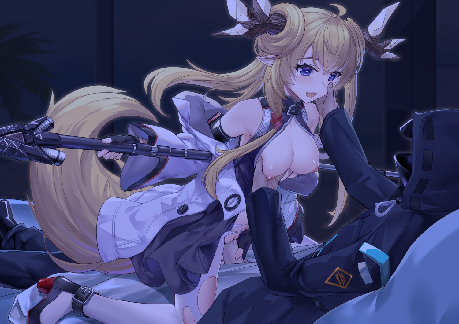 463_jun arknights breast_grab breasts doctor_(arknights) heels horns leizi_(arknights) nipples no_bra open_shirt pantyhose penis pointy_ears pussy pussy_juice sex tail torn_clothes uncensored weapon