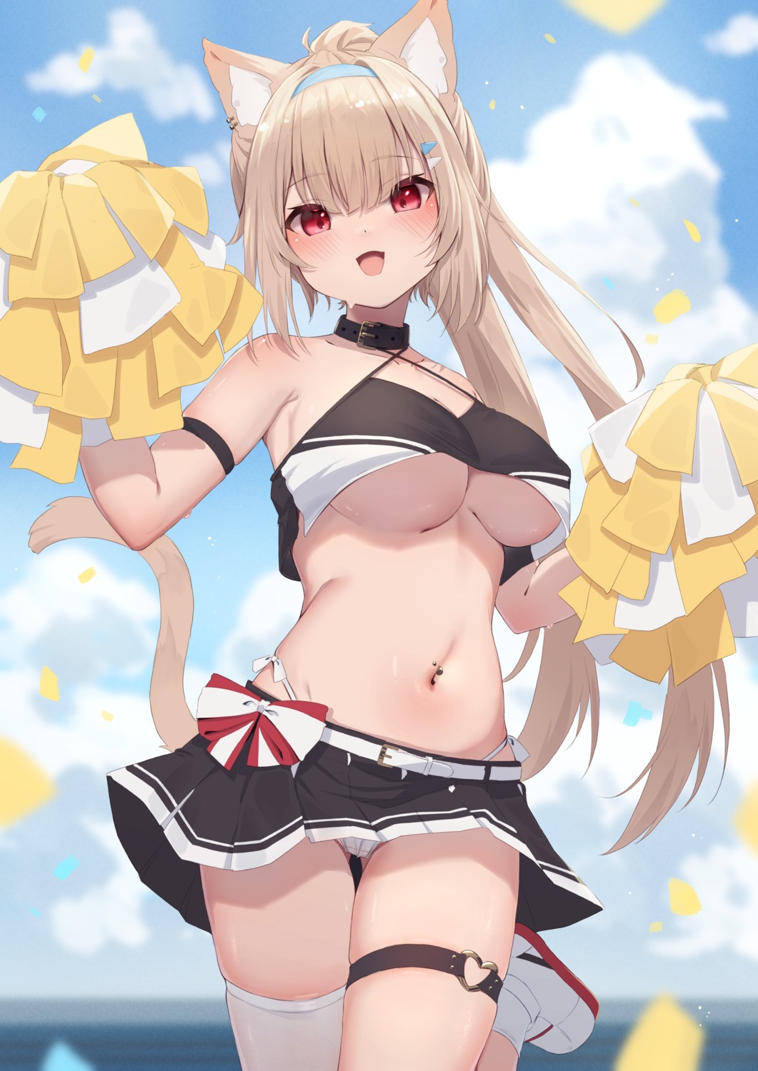 animal_ears cameltoe cheerleader garter hinata_(pixiv53862745) nekomimi no_bra pantsu skirt_lift tail thighhighs thong