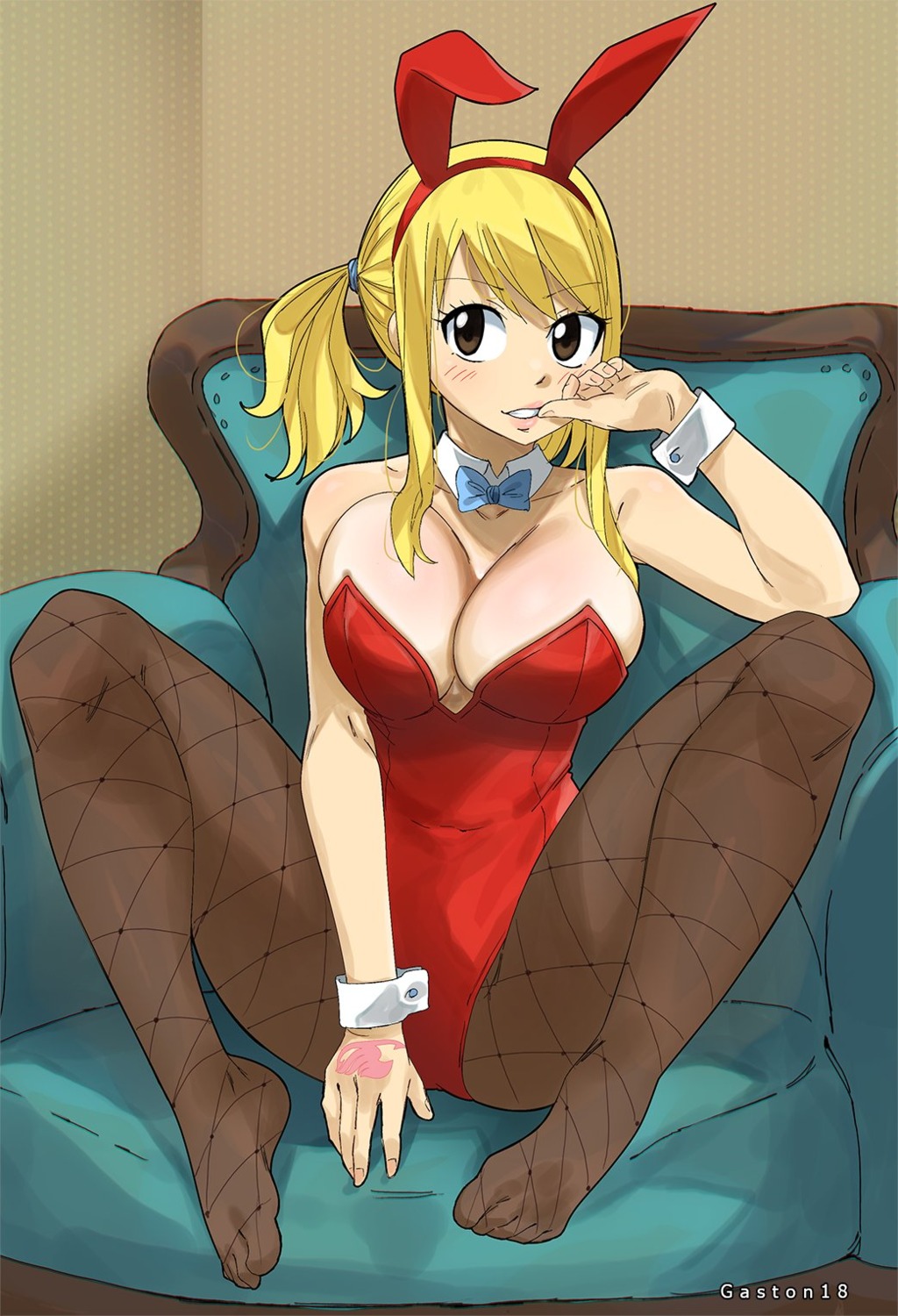 animal_ears bunny_ears bunny_girl fairy_tail feet fishnets gaston18 lucy_heartfilia no_bra pantyhose