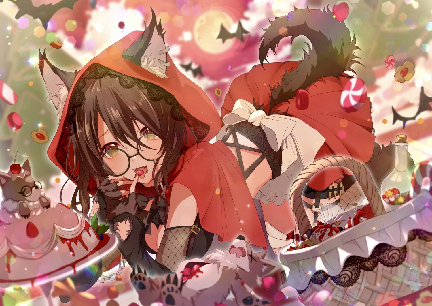 animal_ears cosplay fishnets garter light_up little_red_riding_hood_(character) megane peach_punch tail yuzuki_uru