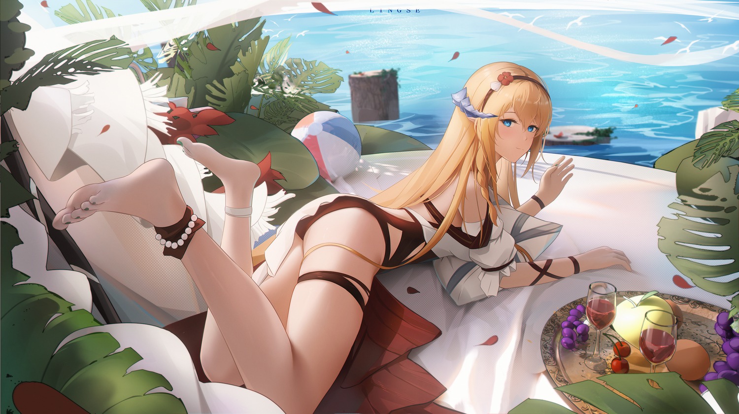 arknights feet garter horns lingse saileach_(arknights) swimsuits