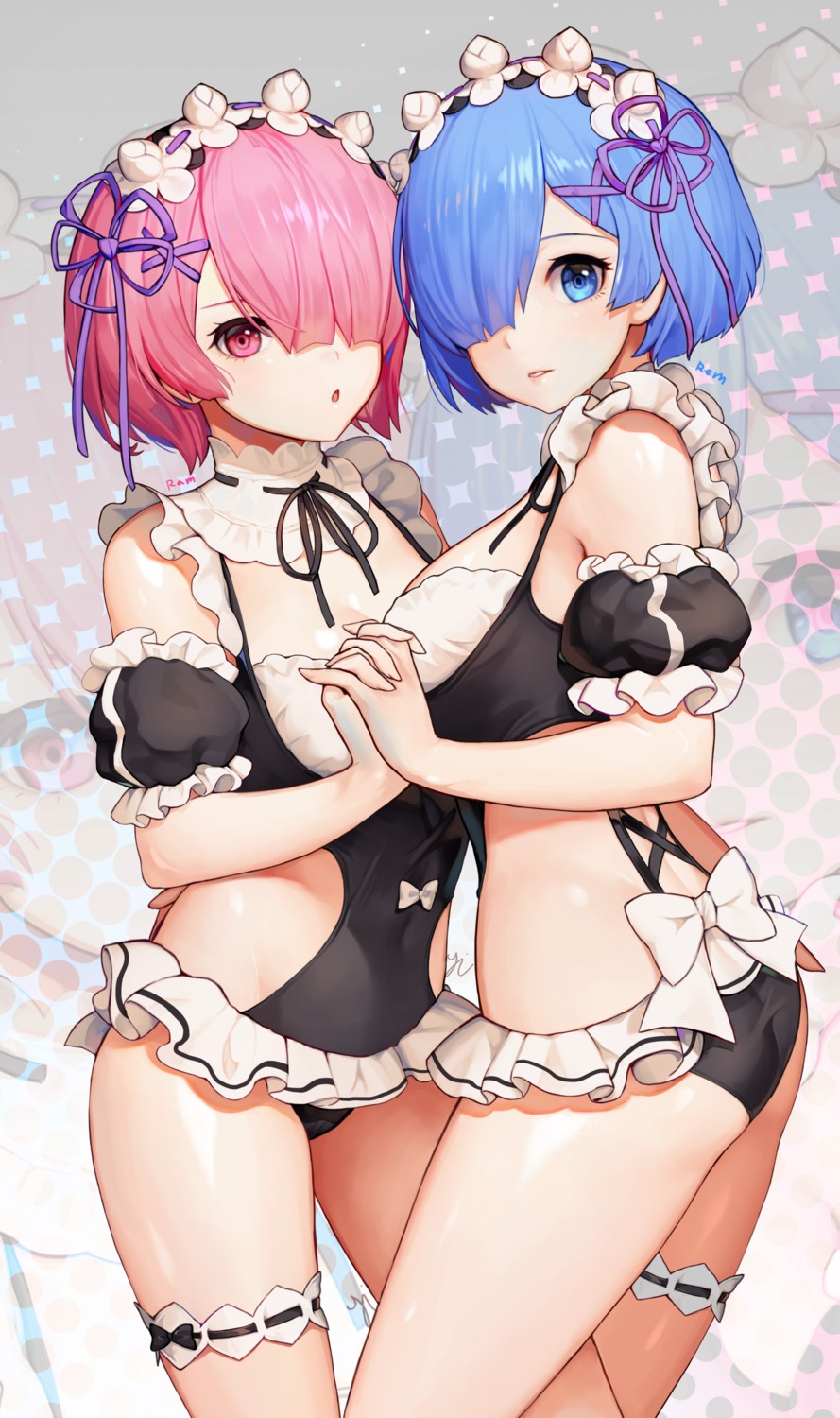 ass cleavage garter maid ram_(re_zero) re_zero_kara_hajimeru_isekai_seikatsu rem_(re_zero) swimsuits y.i._(lave2217)