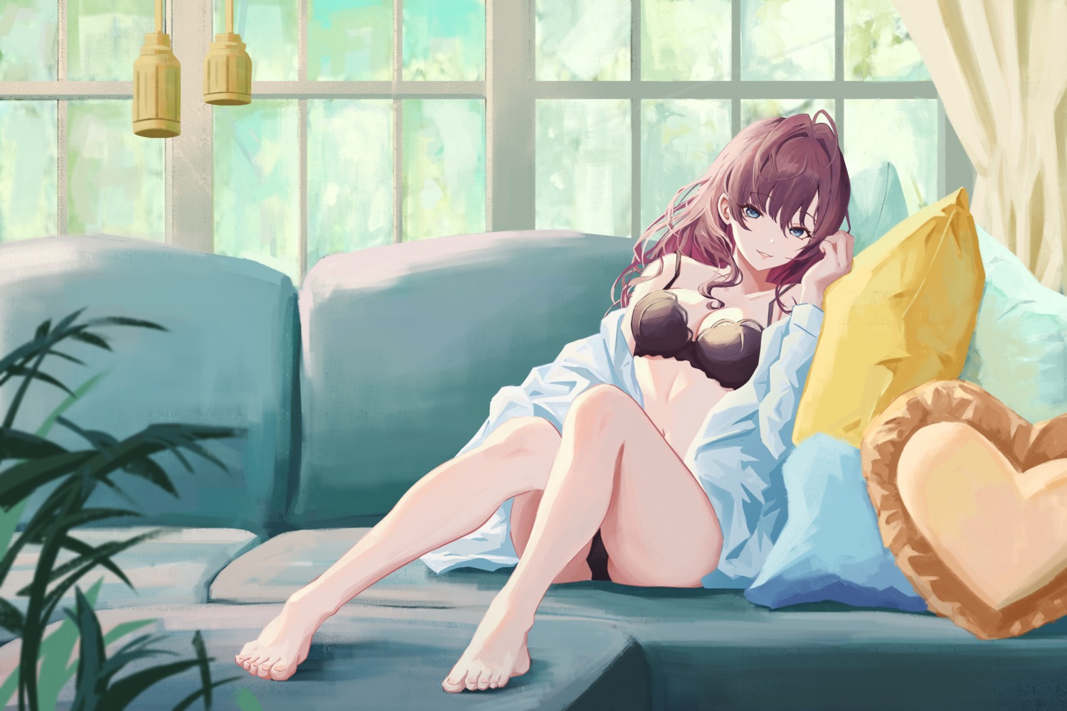 bra dress_shirt feet ichinose_shiki open_shirt pantsu qingli_ye the_idolm@ster the_idolm@ster_cinderella_girls