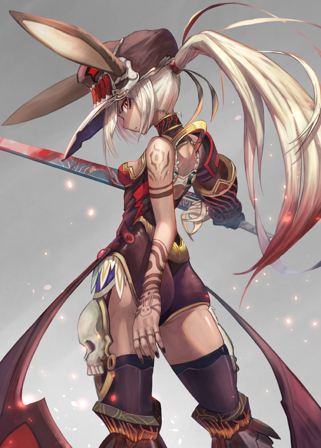 animal_ears armor ass bunny_ears lard leotard sword tattoo thighhighs