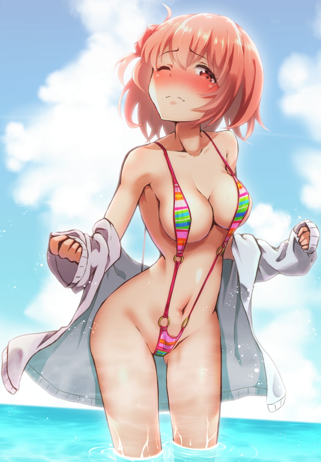 open_shirt sarujie_(broken_monky) sling_bikini swimsuits wet yahari_ore_no_seishun_lovecome_wa_machigatteiru. yuigahama_yui