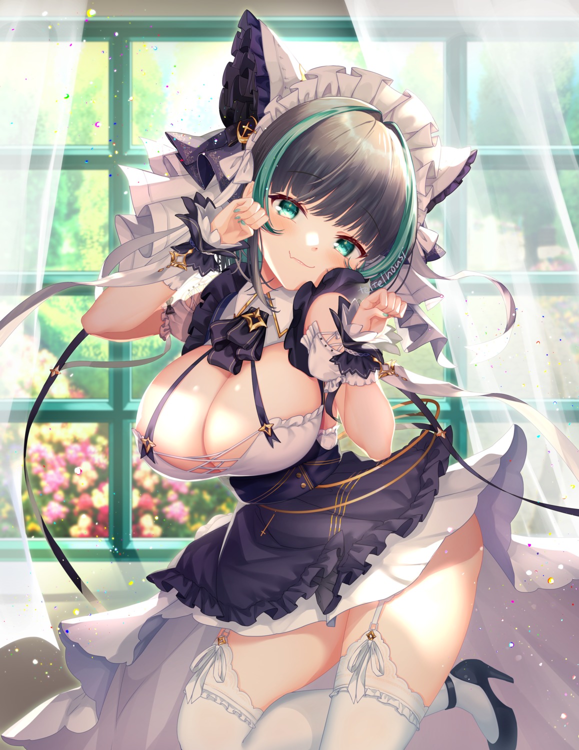 azur_lane cheshire_(azur_lane) heels maid no_bra skirt_lift stockings teltelhousi thighhighs