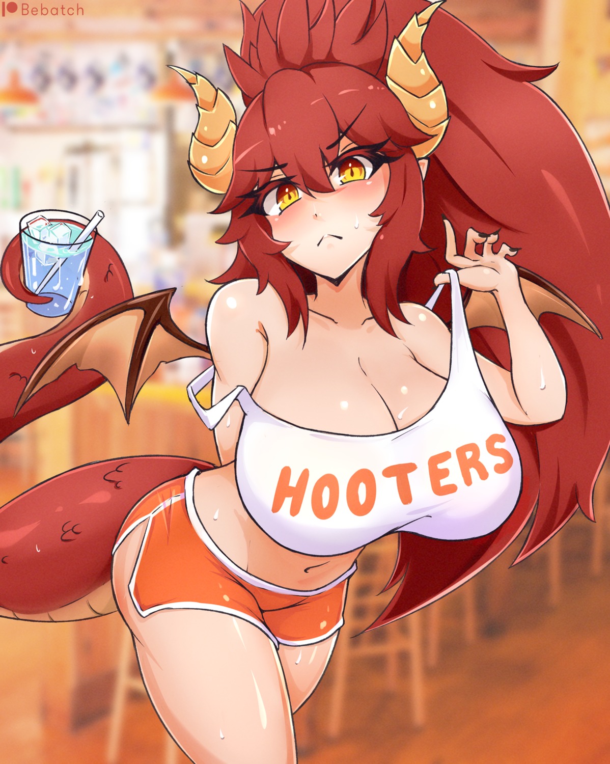 bebatch hooters horns no_bra pointy_ears tail undressing uniform waitress wings zentreya
