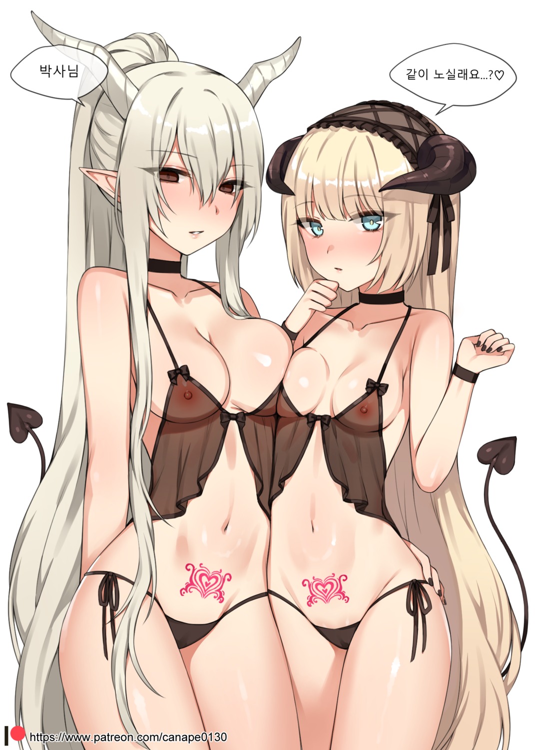 arknights breasts canape_(canape0130) horns lingerie nightingale_(arknights) nipples pantsu pointy_ears see_through shining_(arknights) string_panties tail tattoo