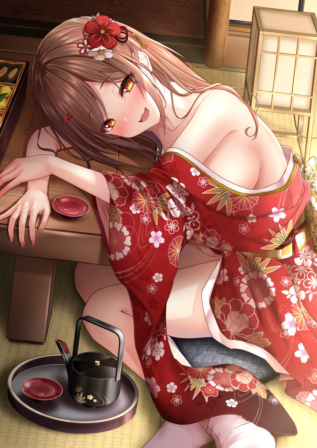 kimono monaka_curl no_bra open_shirt skirt_lift wardrobe_malfunction