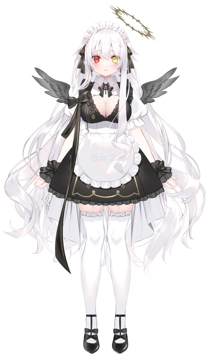 angel asagi_yuna cleavage heterochromia maid no_bra stockings thighhighs wings