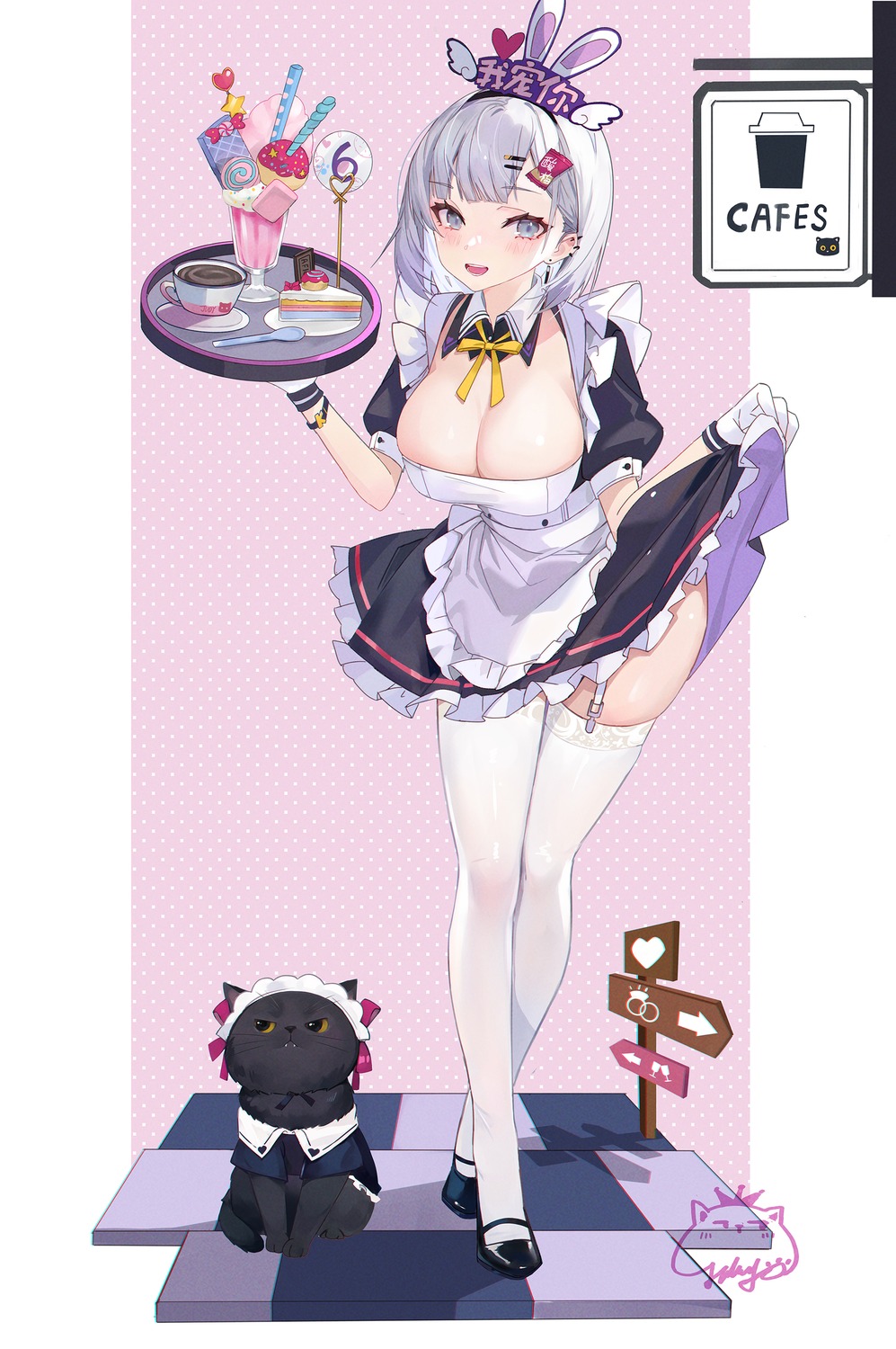 jiujiuyatou_(yayanzz) maid neko no_bra skirt_lift stockings thighhighs