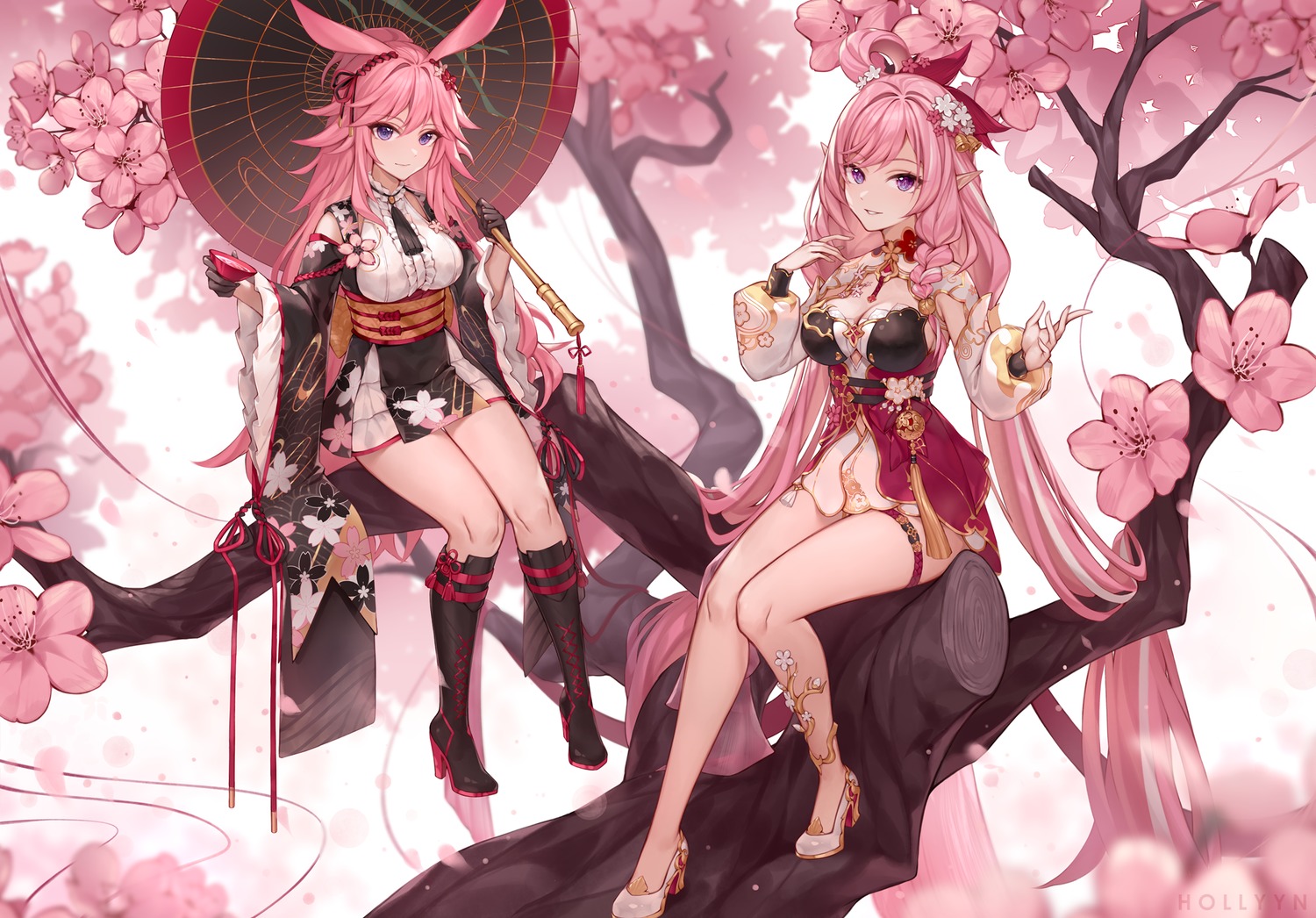 animal_ears asian_clothes benghuai_xueyuan bunny_ears elysia_(honkai_impact) garter heels hollyyn honkai_impact lolita_fashion pointy_ears umbrella wa_lolita yae_sakura_(benghuai_xueyuan)