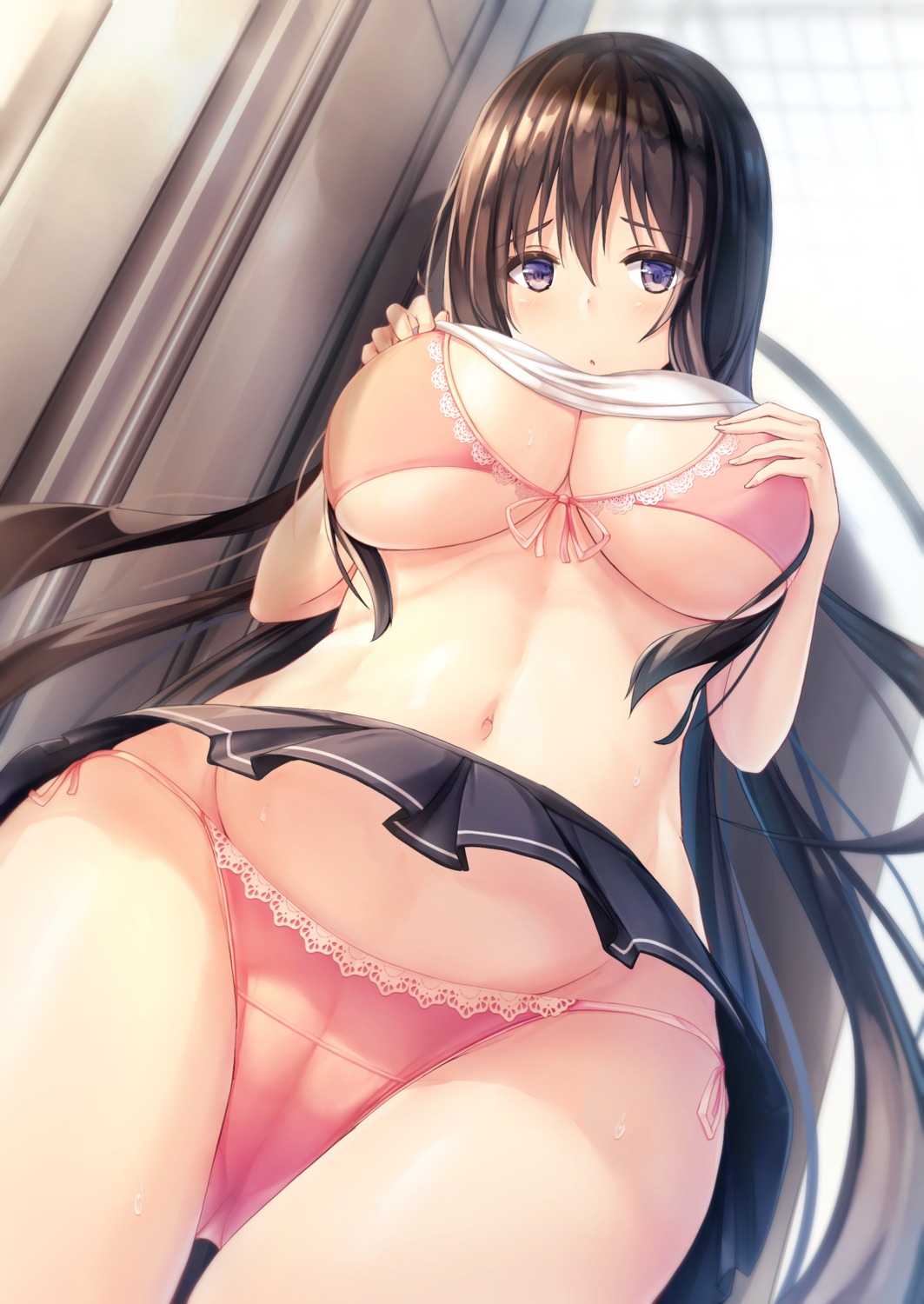 bra breast_hold cameltoe liya pantsu seifuku shirt_lift skirt_lift string_panties