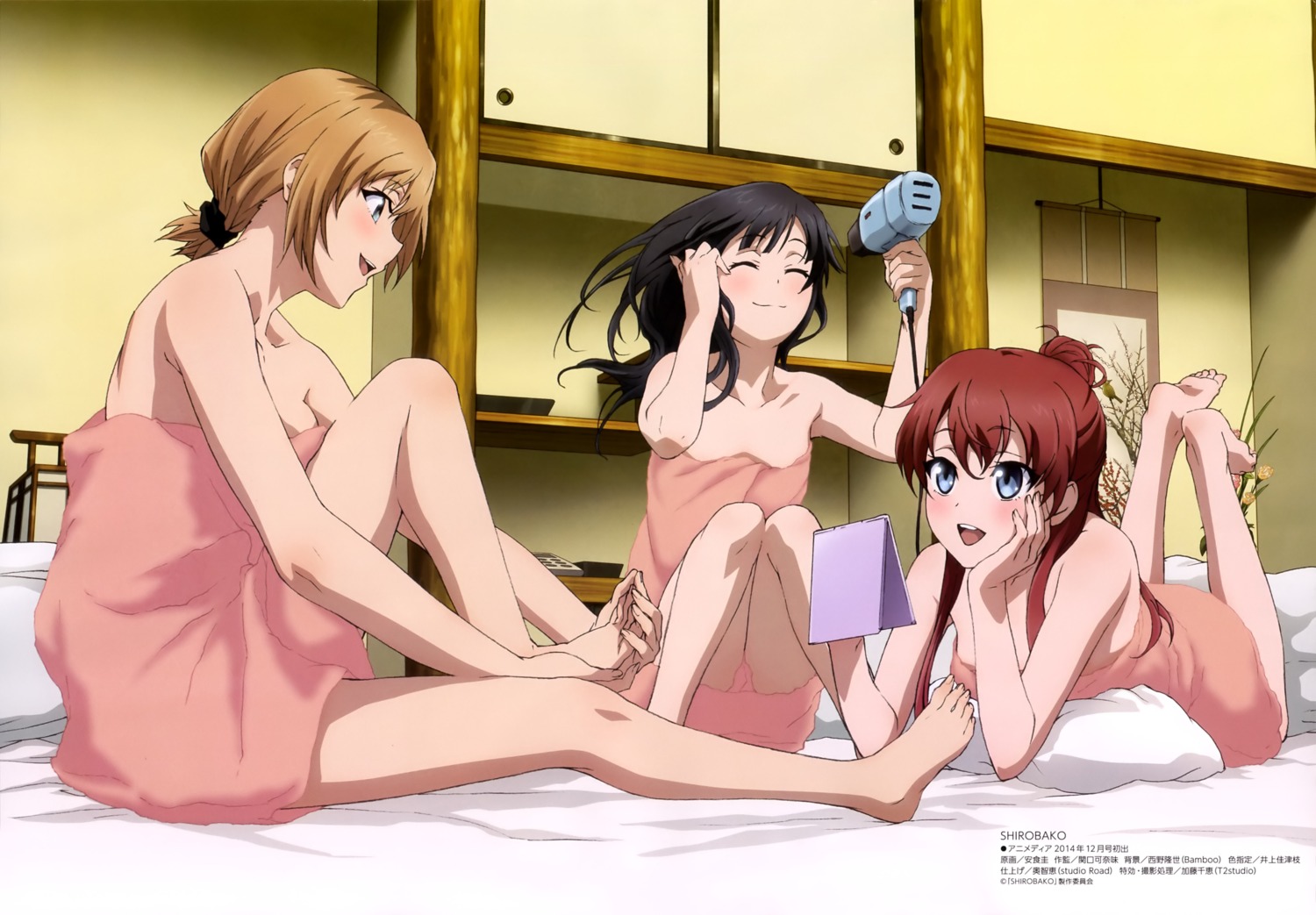 ajiki_kei cleavage feet miyamori_aoi no_bra nopan sakaki_shizuka shirobako towel yasuhara_ema